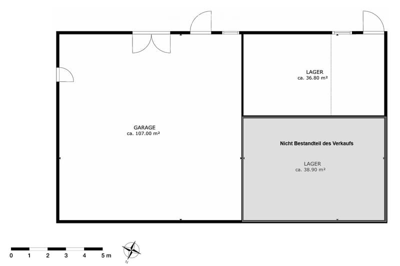 Floor plan showing a garage (107.00 m²) and two storage areas (36.80 m² and 38.90 m²). One storage area is marked as not part of the sale.