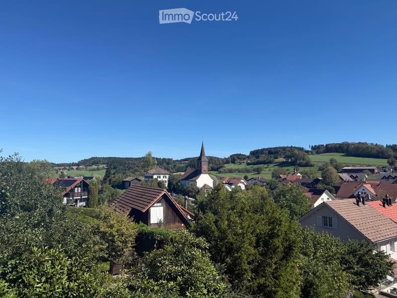 A panoramic view of a small village with houses, a church with a tall spire, and surrounding green fields and trees under a clear blue sky.