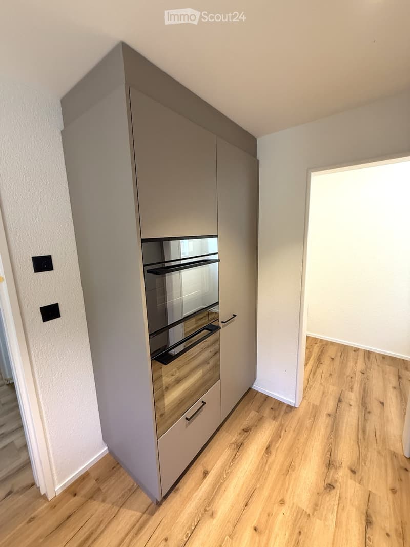 A narrow hallway with light wooden flooring, white walls, and a built-in cabinet with glass doors and wooden drawers.