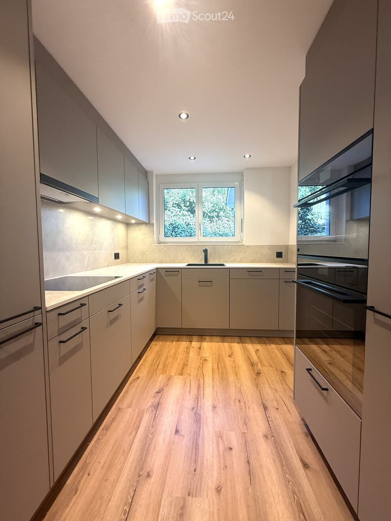Modern kitchen with light wood flooring, white cabinets, stainless steel appliances, and a double sink.