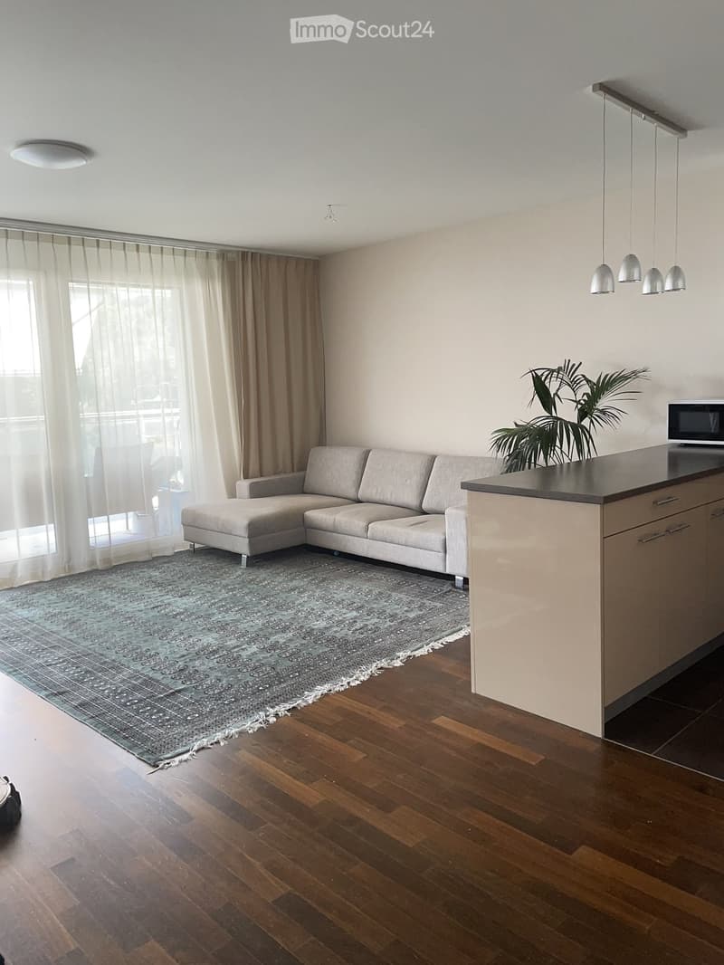 Modern living room with a grey sectional sofa, a coffee table, pendant lights, a microwave, a potted plant, and large windows with curtains.