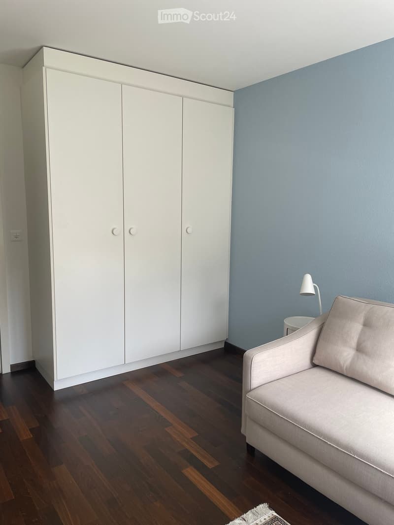 A modern living room with a light grey sofa, a white lamp, and a large white cabinet against a light blue wall. The floor is dark wood.