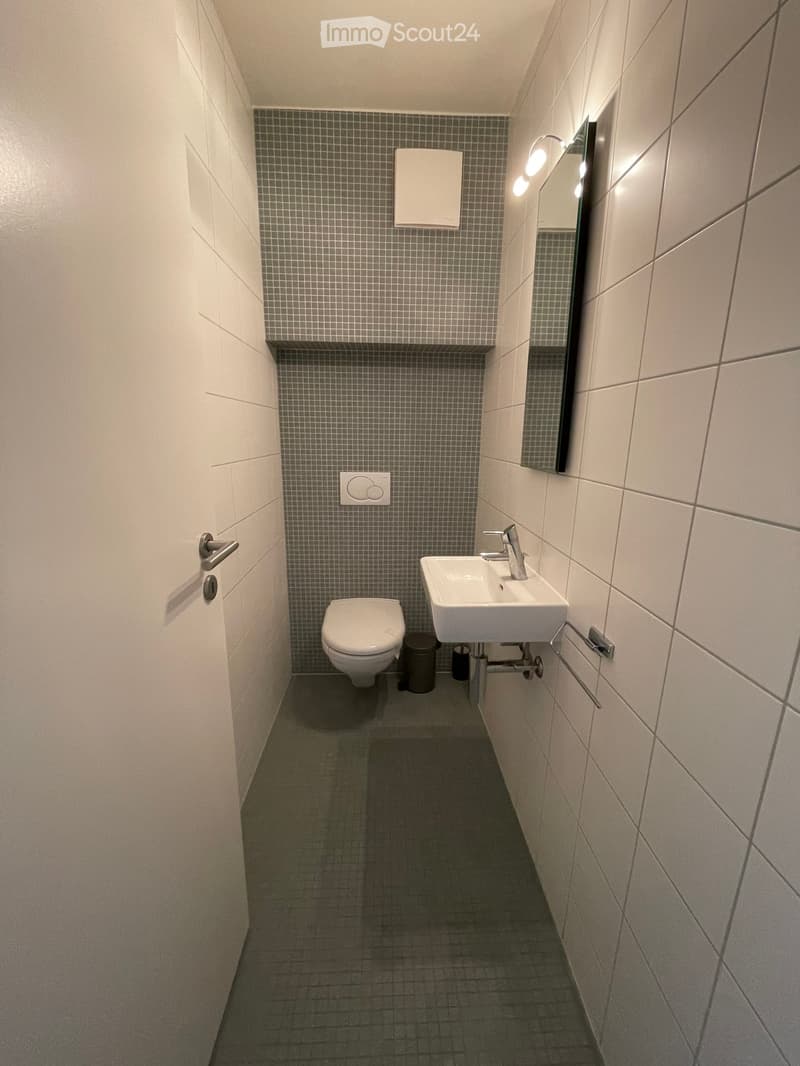 Modern bathroom with white tiles, a toilet, a sink, a mirror, and a towel rack.