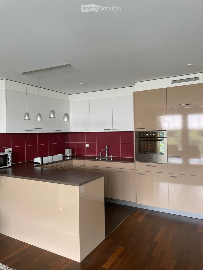 Modern kitchen with white and beige cabinets, dark red backsplash, wooden floor, island, and stainless steel appliances.