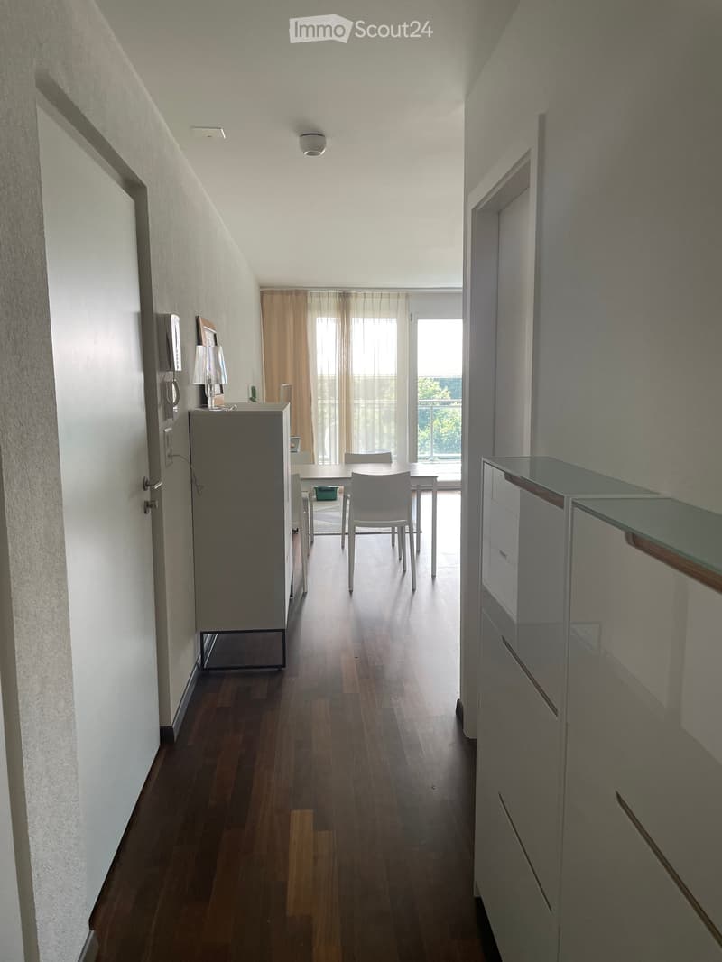 A modern hallway with wooden flooring, leading to a dining area with a white table and chairs, a glass cabinet, and a lamp on a side table.
