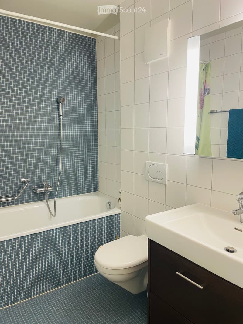 Modern bathroom with blue tiled walls and floor, white bathtub, toilet, sink, and mirror. Features a handheld showerhead and towel rack.