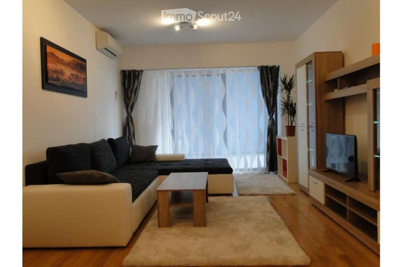 Modern living room with a sectional sofa, coffee table, TV stand, potted plant, and picture frame on the wall.