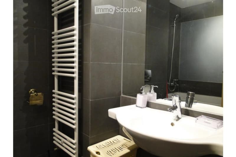Modern bathroom with dark tiled walls, a white towel rack, a sink with a modern faucet, and a large mirror above it. Soap dispensers are placed on the sink counter.