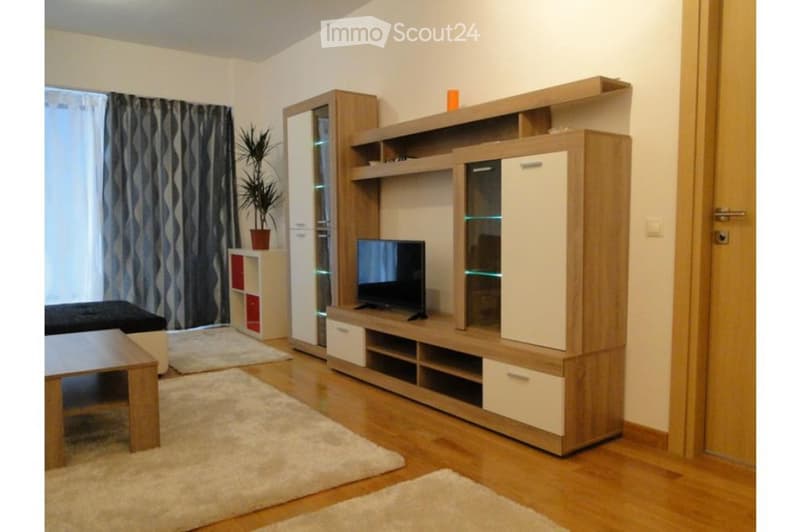 Modern living room with wooden flooring, white walls, a large TV stand with glass doors, a sofa, coffee table, and a small plant on a side table.