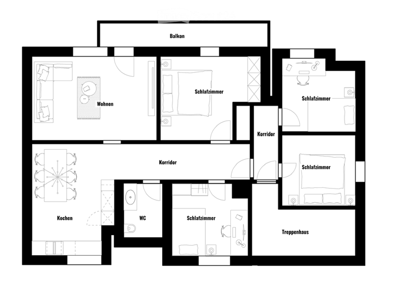 Floor plan of a multi-room apartment featuring a living area, four bedrooms, kitchen, bathroom, hallway, and staircase.