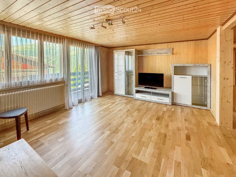 Bright living room with wooden floors, large windows with sheer curtains, a television on a modern stand, a white cabinet, and a small stool near the radiator.