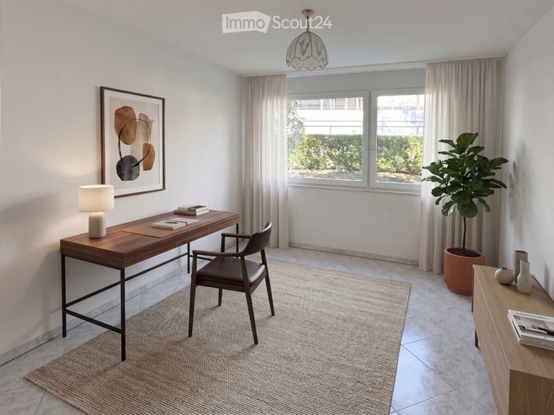Modern, well-lit room with a wooden desk, chair, table lamp, picture frame, potted plant, and decorative vases.