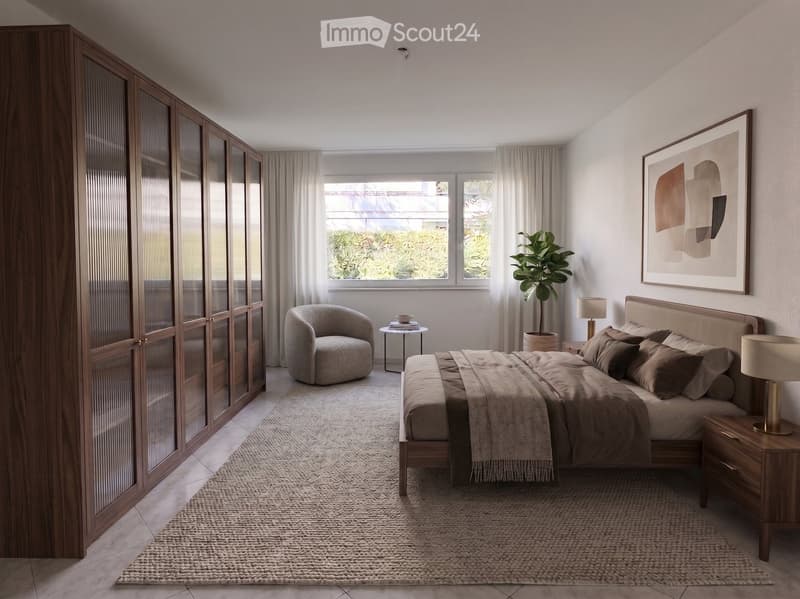 Modern bedroom with a large bed, nightstands, a round chair, a small table, a plant, and a tall wardrobe. The room features large windows with sheer curtains and a neutral color palette.