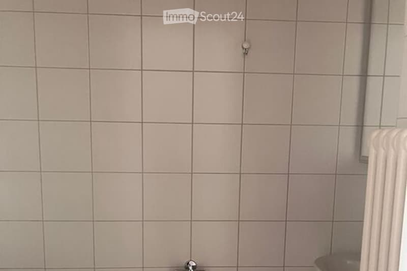 Bathroom with tiled walls, a single faucet, and a radiator visible on the right side.
