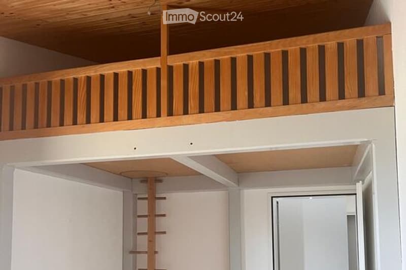 A wooden balcony overlooking a lower level, with a small wooden ladder leading up to it. The lower level has white walls and a visible doorway.