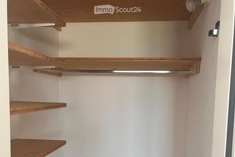 Empty closet with wooden shelves and a hanging rod, white walls, and a slanted ceiling.