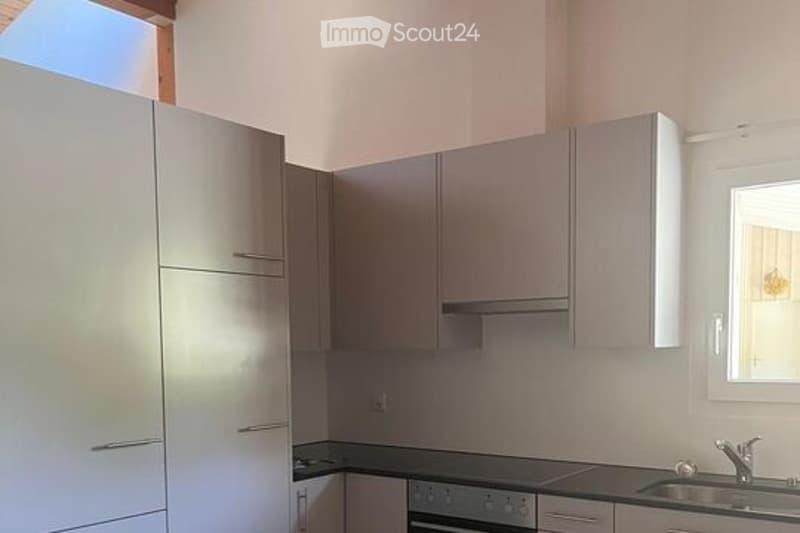 Modern kitchen with light grey cabinets, black countertops, and stainless steel appliances including a sink and oven.