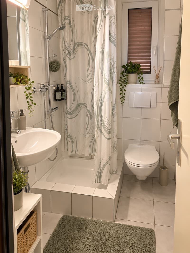 Modern bathroom with white tiles, a bathtub with a shower curtain, a sink with a mirror, a toilet, and decorative plants on the windowsill and shelf.