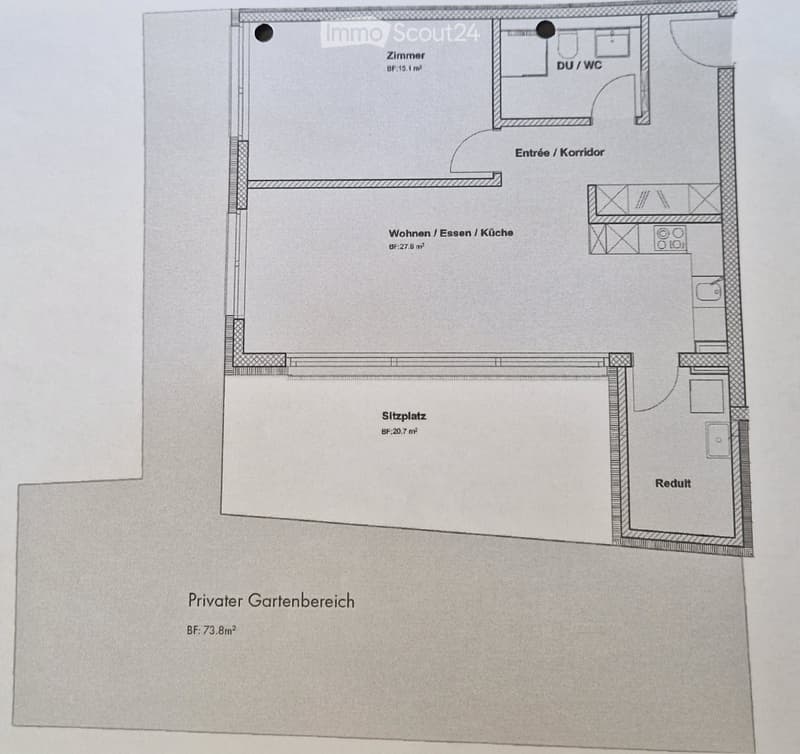 Floor plan showing a room labeled "Zimmer" (15.1 m²), a combined living/dining/kitchen area (27.9 m²), a seating area (20.7 m²), a bathroom (DU/WC), an entrance/corridor, a study (Reduit), and a private garden area (73.8 m²).