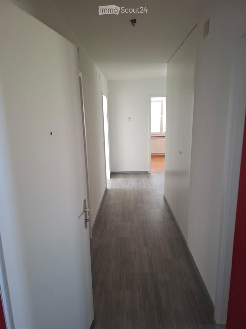 Empty hallway with wooden flooring, white walls, and doors on both sides. Natural light comes from a window at the end of the corridor.