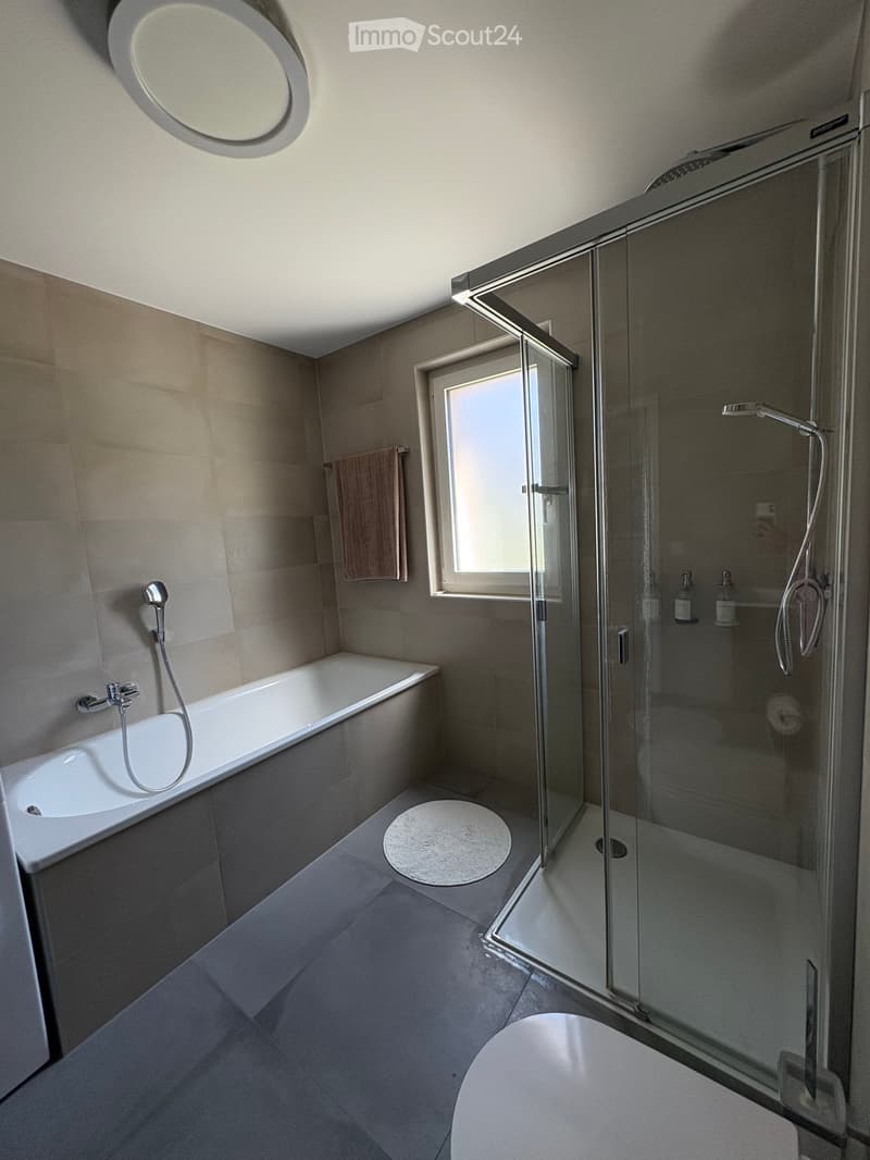 Modern bathroom with a bathtub, sink, glass-enclosed shower stall, and a round rug on the floor. Features a towel hanging on the wall and a window providing natural light.