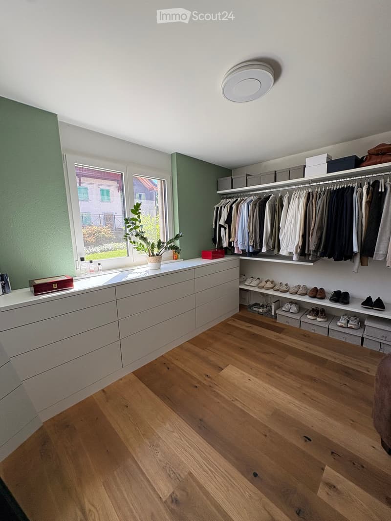 Modern walk-in closet with wooden flooring, built-in wardrobe, shoe rack, drawer unit, and potted plant on the windowsill.