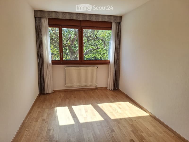 Empty room with wooden flooring, large window with curtains, radiator, and natural light from outside.