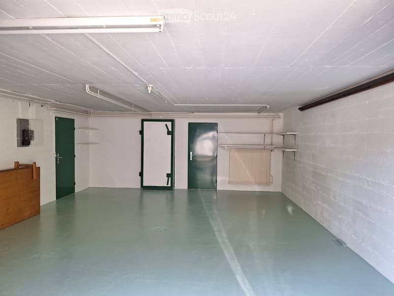 Empty room with white walls, green floor, three doors, metal shelves, radiator, and exposed pipes on the ceiling.