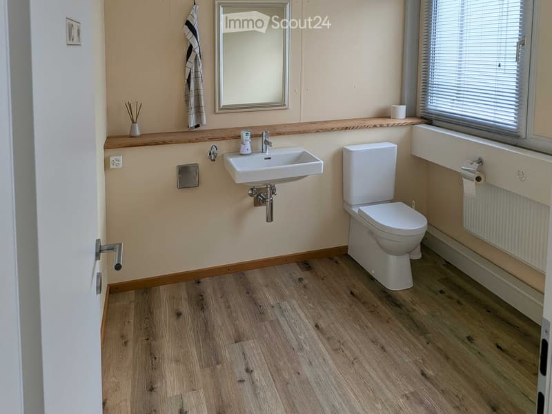 Bathroom with wooden flooring, a white sink, a toilet, a mirror, a towel, and a cup on the windowsill.