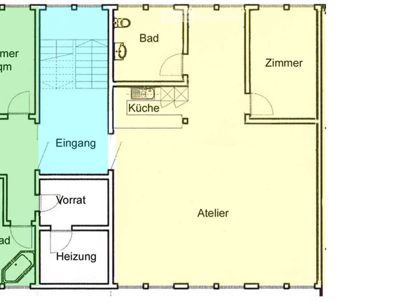 Floor plan showing entrance, kitchen, bathroom, storage, heating room, room, and studio.
