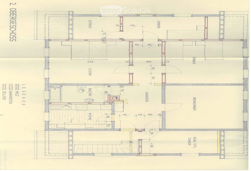Floor plan of the second floor showing multiple rooms including kitchen, bathroom, living room, bedrooms, and hallway.
