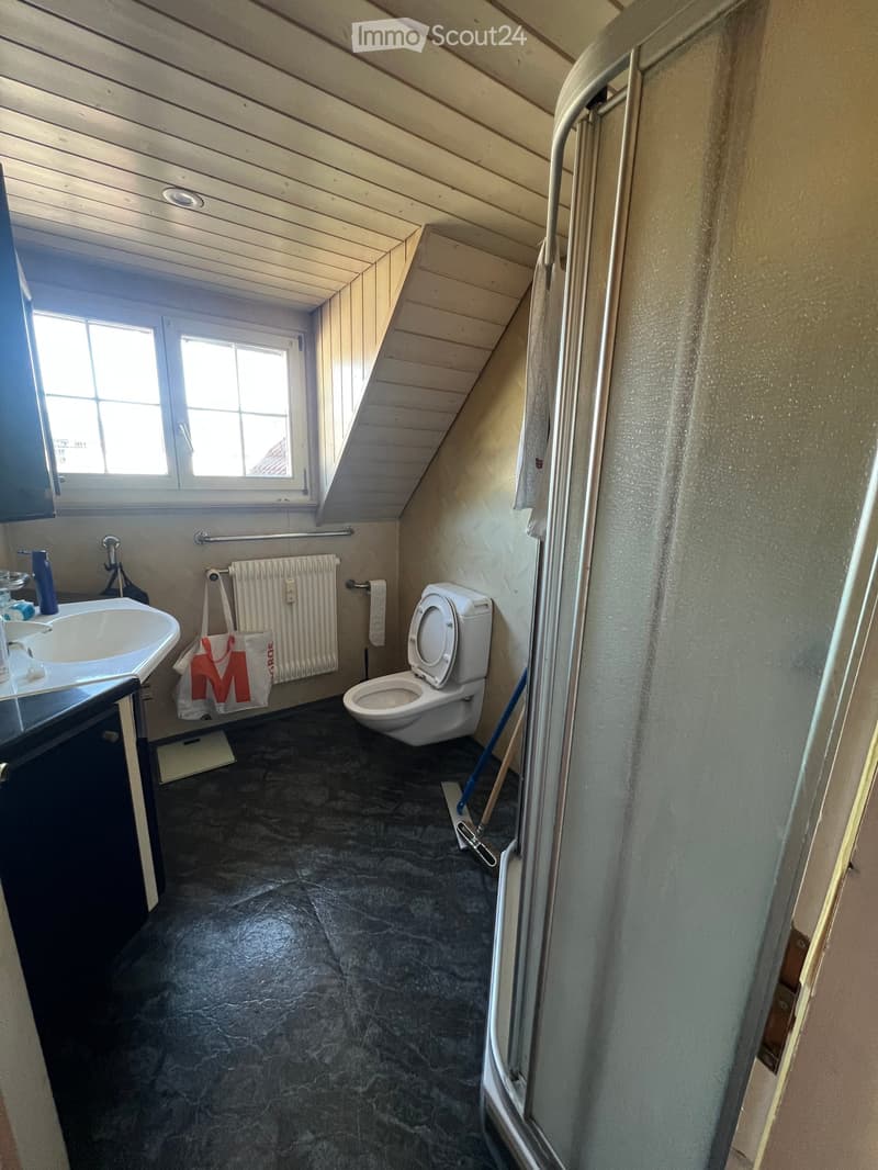 Small bathroom with a toilet, sink, radiator, and a window. The room has a slanted wooden ceiling and a dark, textured floor.