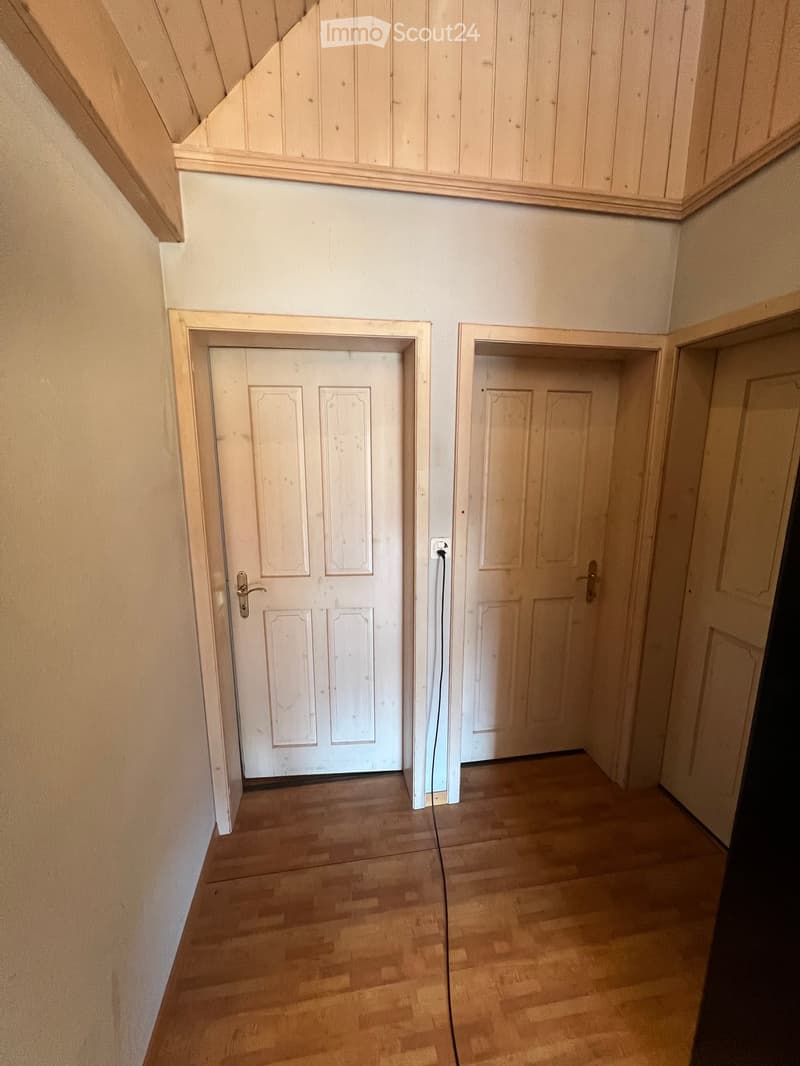 Empty hallway with wooden flooring, white walls, and two closed doors.
