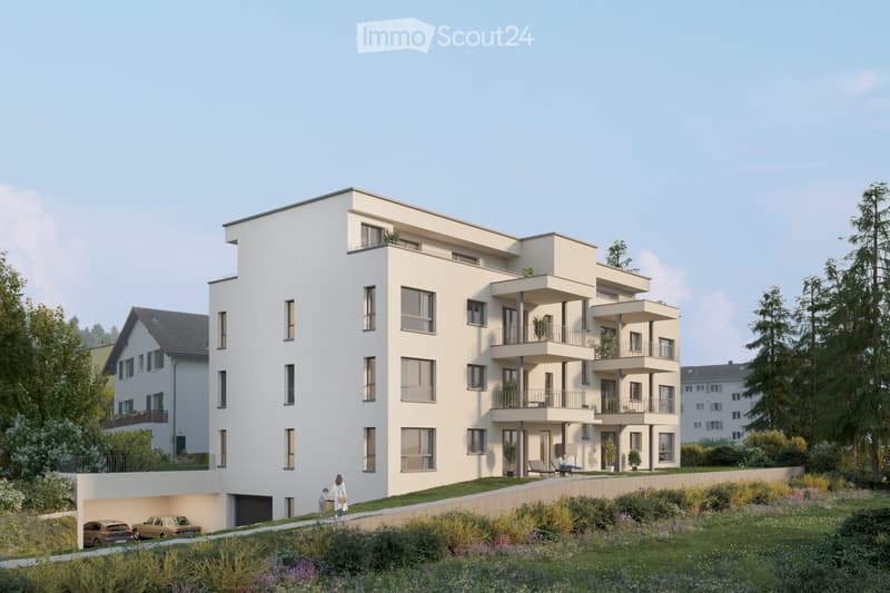 Modern multi-story residential building with balconies, surrounded by greenery and a parking area.