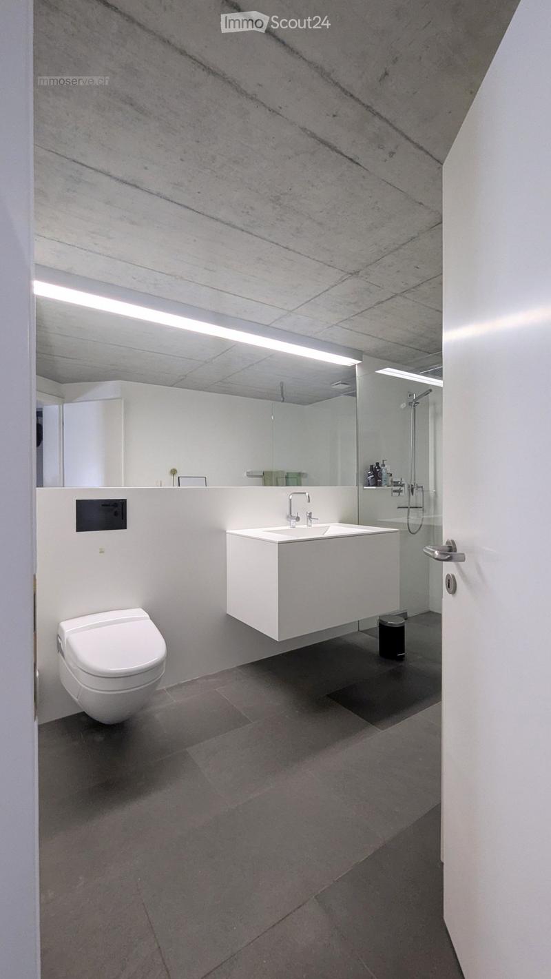 Modern bathroom with white walls, dark tiled floor, floating sink, toilet, large mirror, and glass-enclosed shower area.