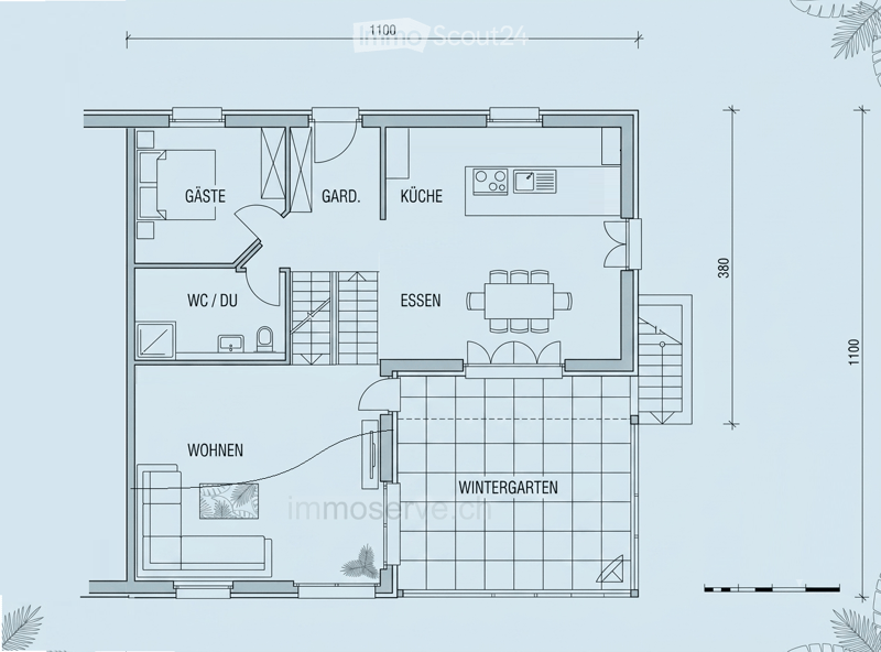 Floor plan of a modern apartment featuring a living area, dining area, kitchen, guest room, bathroom, and winter garden.