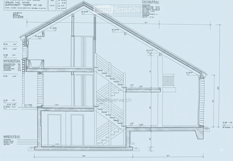 Architectural floor plan showing a multi-level residential structure with labeled dimensions, staircases, and room designations.