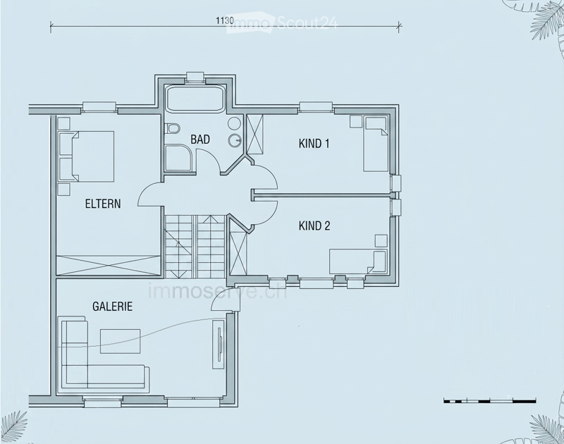 Floor plan of a house with four bedrooms, a bathroom, a gallery, and a staircase connecting the levels.
