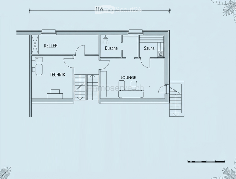 Floor plan showing a lounge area, shower, sauna, technical room, and basement.