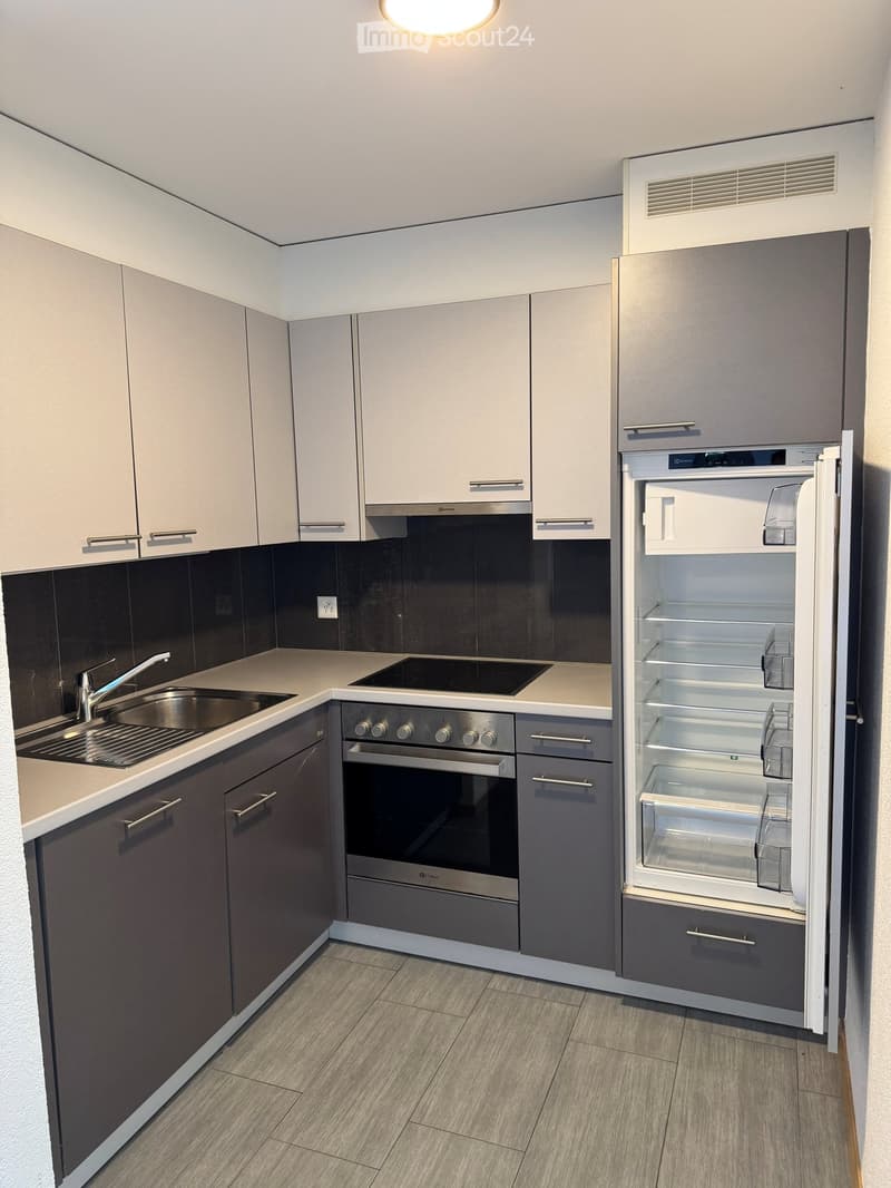 Modern kitchen with light grey cabinets, stainless steel appliances, and a sleek design. Features include a sink with a modern faucet, an oven, and an open refrigerator with visible shelves.