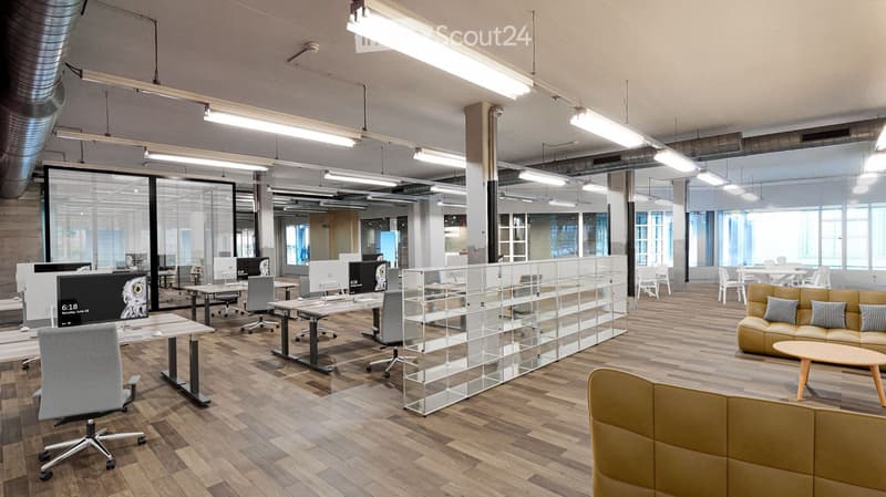 modern office with hardwood floors, large desks, glass partitions, central shelf, beige couches, and bright windows