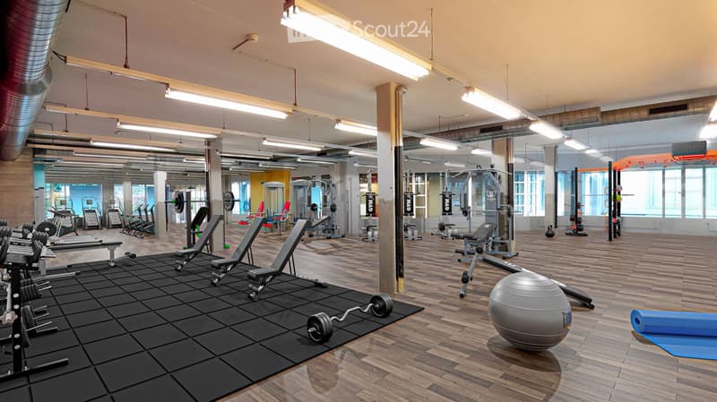 Modern gym with wooden flooring, various exercise equipment including dumbbells, benches, weight machines, a large exercise ball, and a yoga mat.