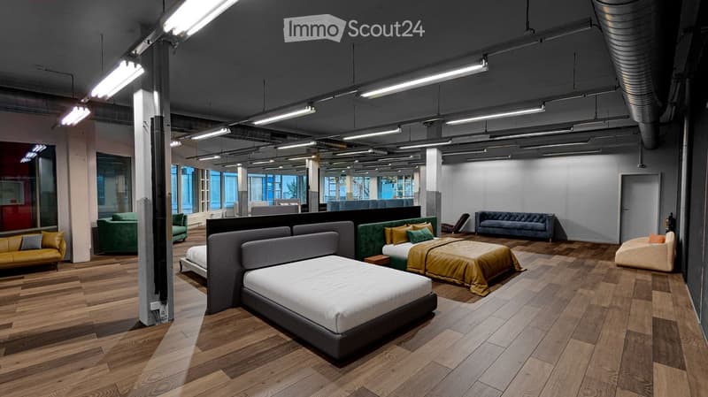 modern, minimalist interior with several types of beds, modern lighting, parquet flooring, daylight coming through large windows