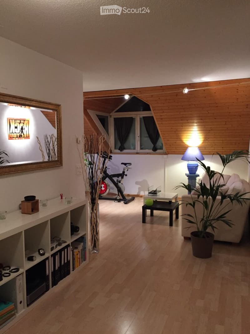 A modern living room with wooden flooring, a large window, a sofa, coffee table, floor lamp, exercise bike, and decorative items including a mirror and shelf.