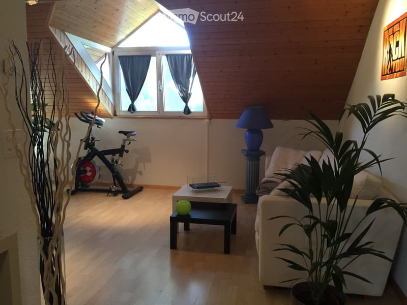 Bright living room with wooden floors, slanted wooden ceiling, large windows with dark curtains, a white sofa, a small coffee table, a blue lamp, an exercise bike, and a potted plant.