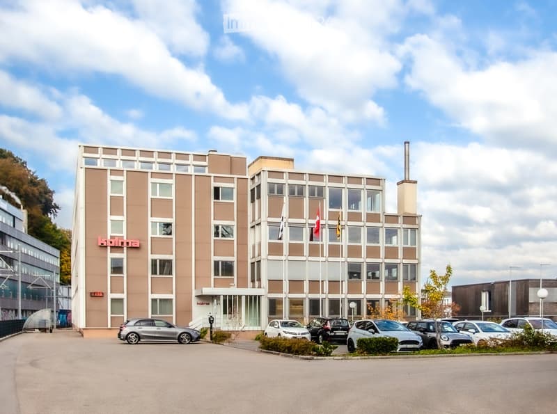 Modern multi-story building with beige facade, large windows, and flags on poles. Several cars are parked in front.