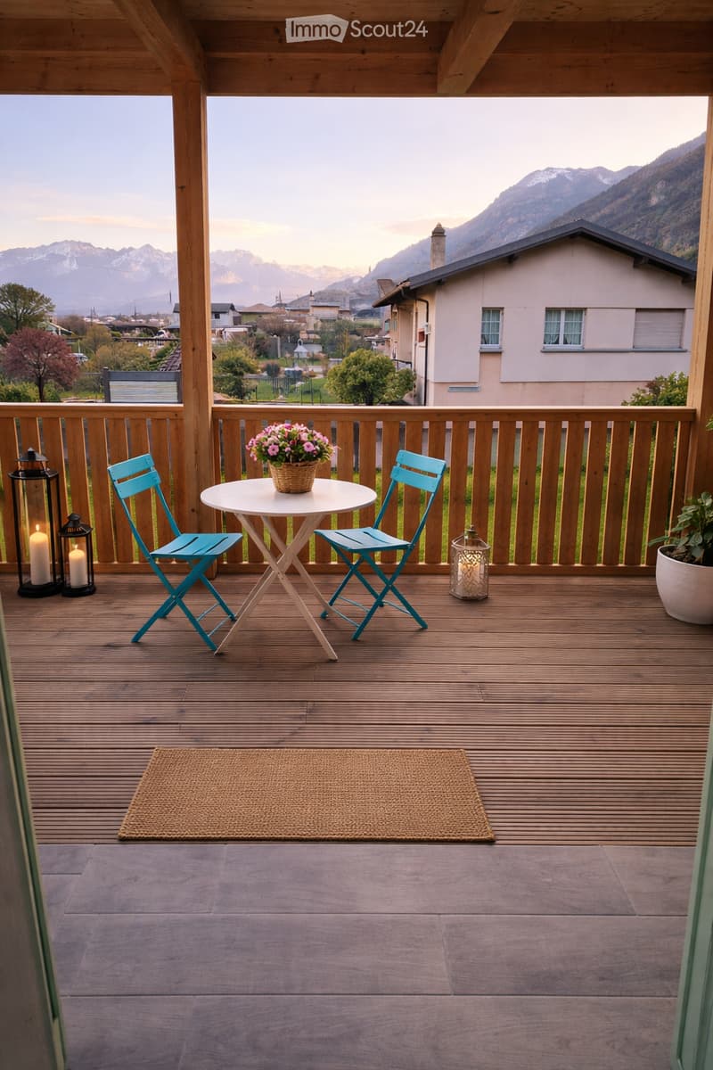 Balcony with wooden decking, white table, turquoise chairs, flower pot, lanterns, and a view of mountains.