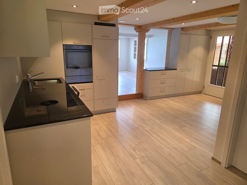 Modern kitchen with light-colored cabinets, black countertop, sink, and oven. Wooden flooring and recessed lighting.