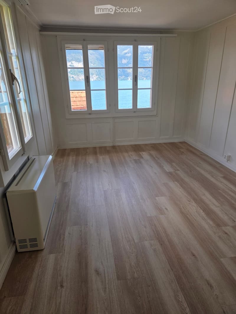 Empty room with wooden flooring, white walls, large windows with scenic views, and a radiator on the left side.