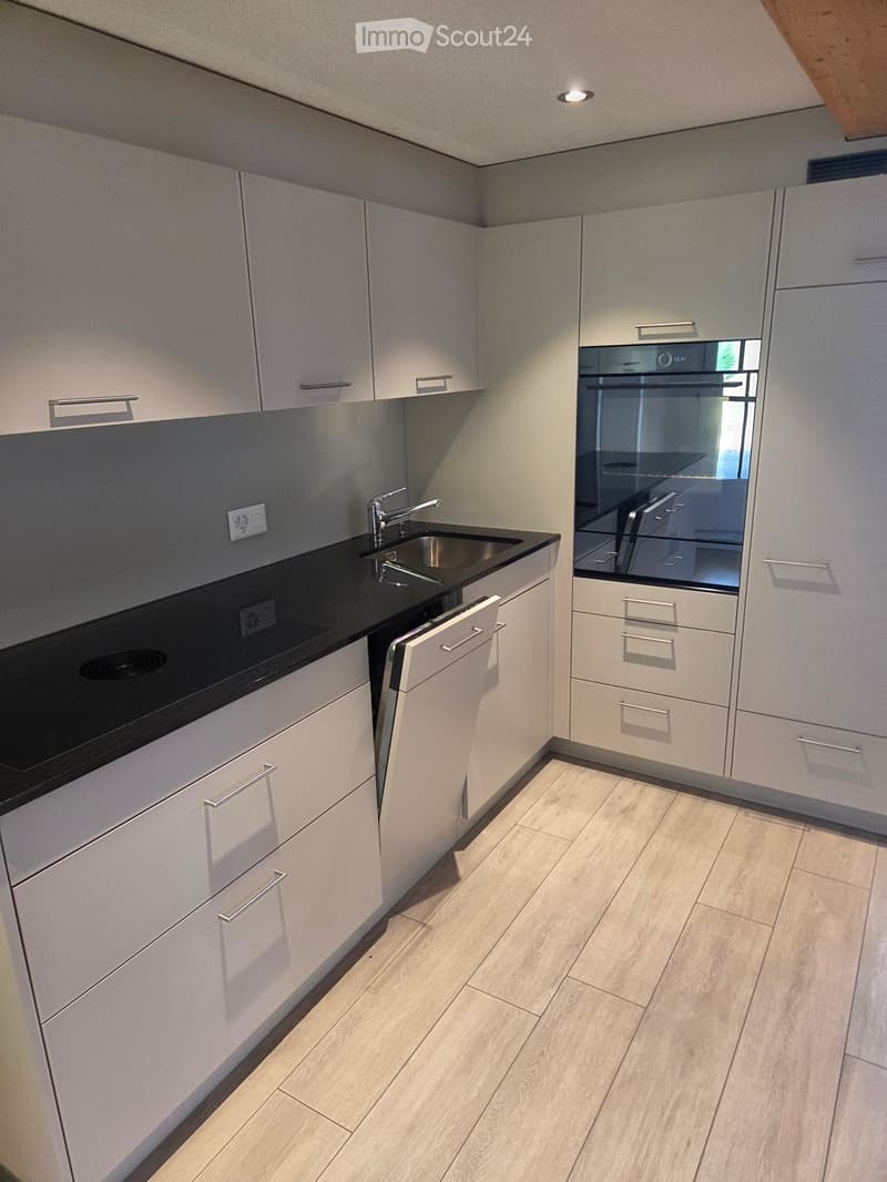 Modern kitchen with light grey cabinets, black countertop, stainless steel sink, and built-in oven. Wooden flooring and sleek design.